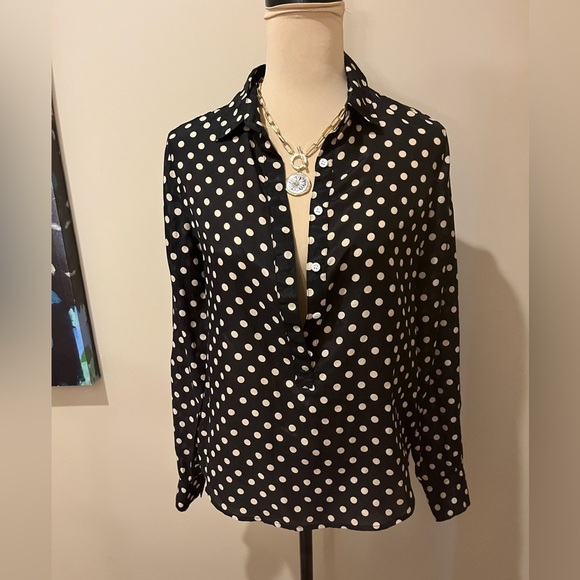 J Crew Polka Dot Silk Collared Pop Over - Black and Cream, size 0 - Picture 2 of 8